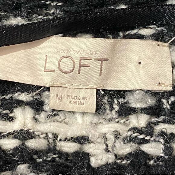 Loft Bouchle Knit Black and White Open Front Waterfall Wool BlendCardigan Size M - Picture 5 of 15